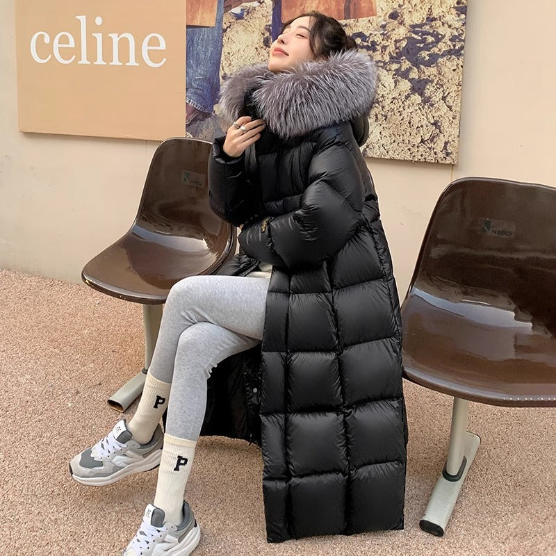 Long women's down coat with fox fur collar