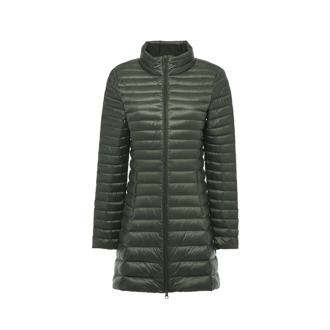 Women's down coat, mid-length, stand-up collar