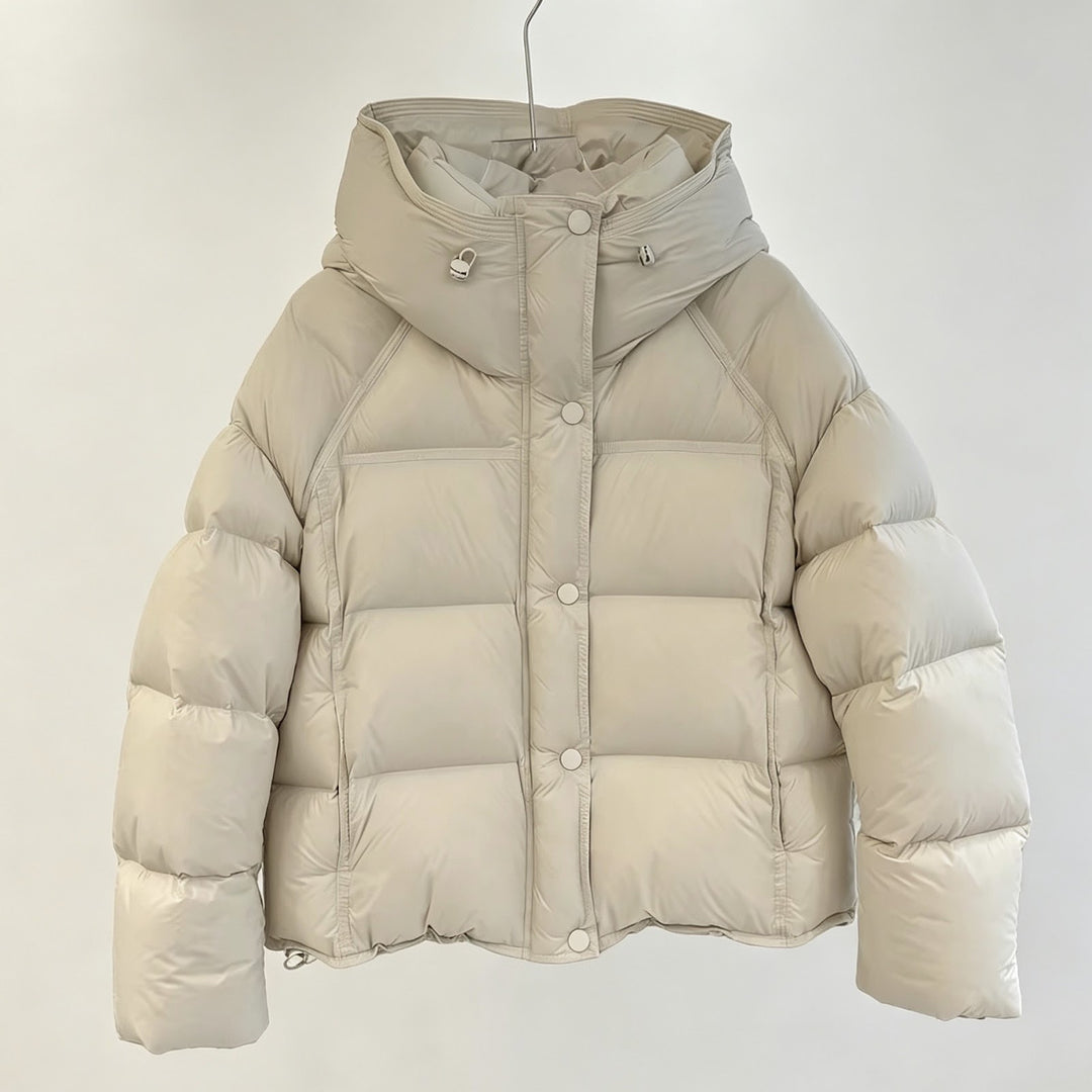 Short women's down jacket, 90% white duck down