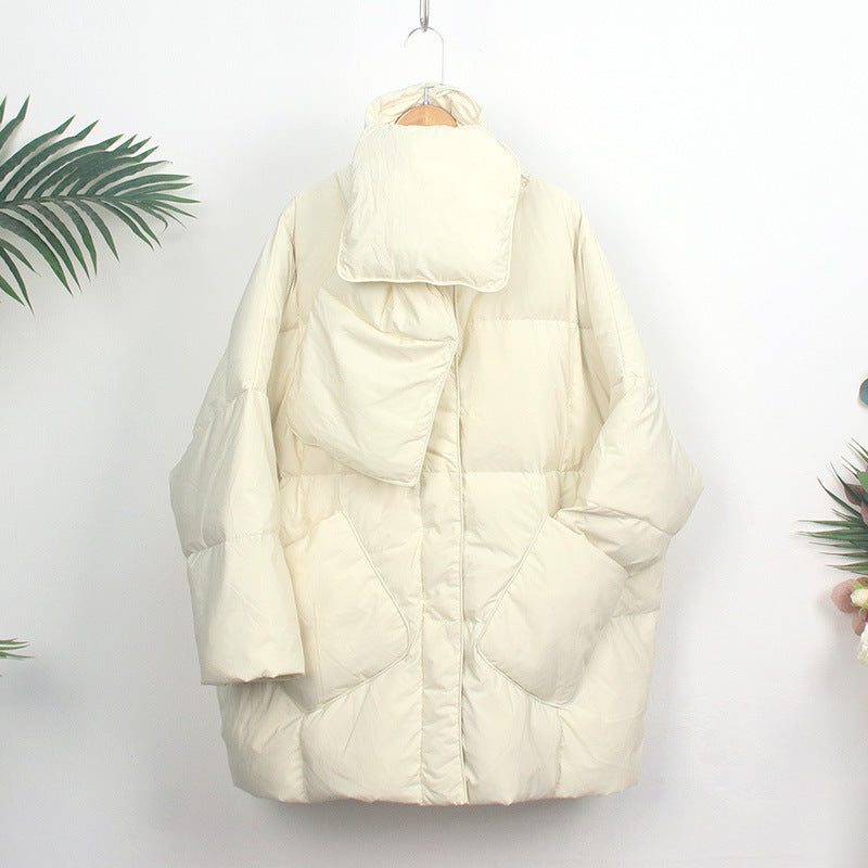 Women's down coat with scarf, mid-length, loose fit