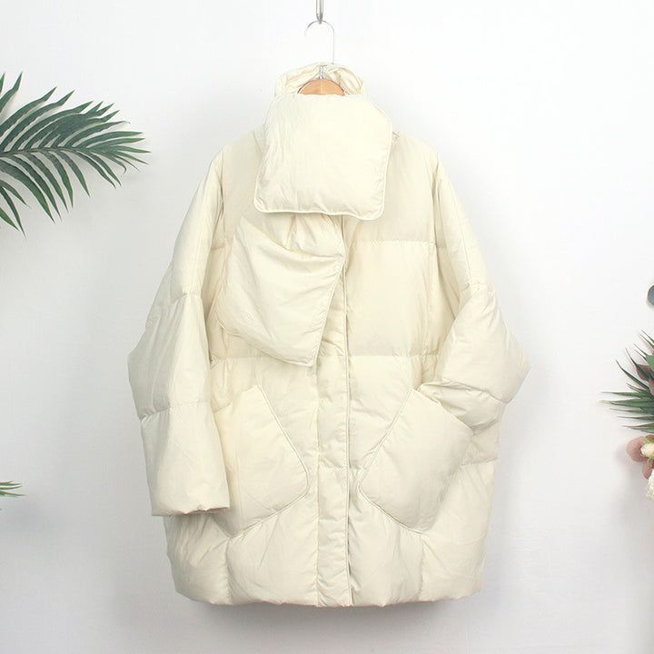 Women's down coat with scarf, mid-length, loose fit