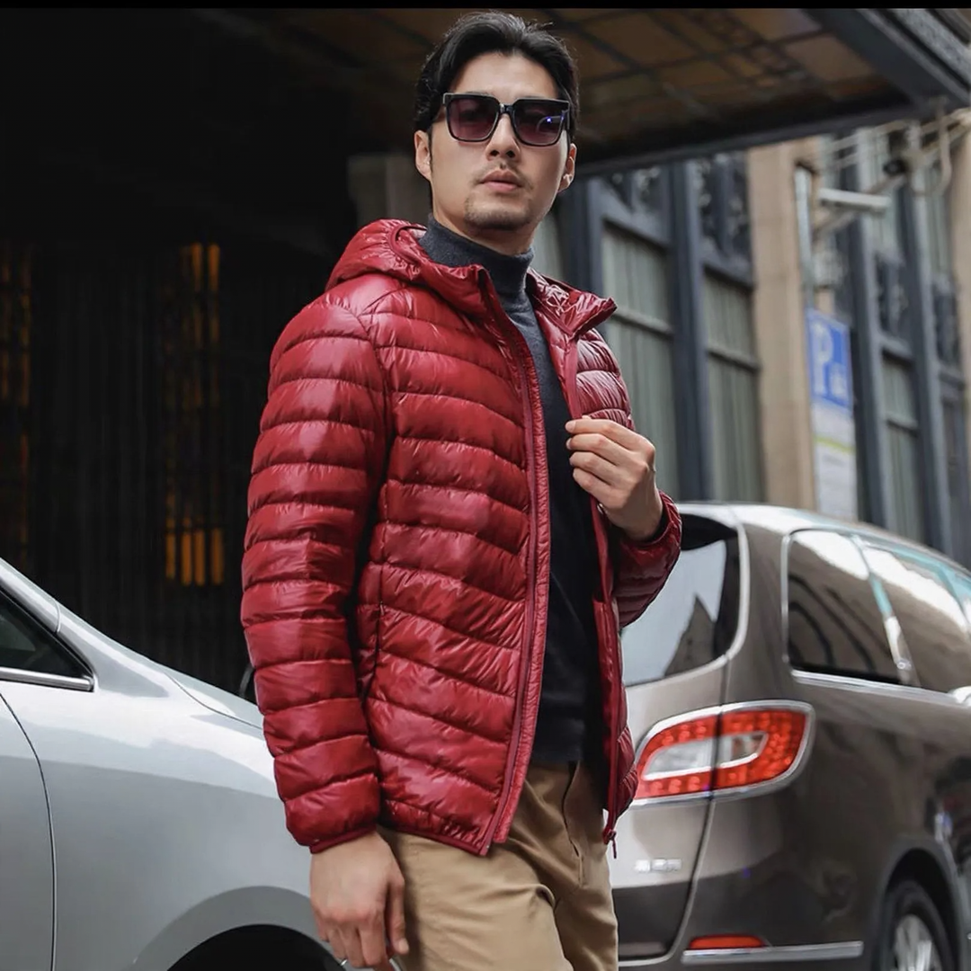 Light men's down jacket with hood, white duck down lining