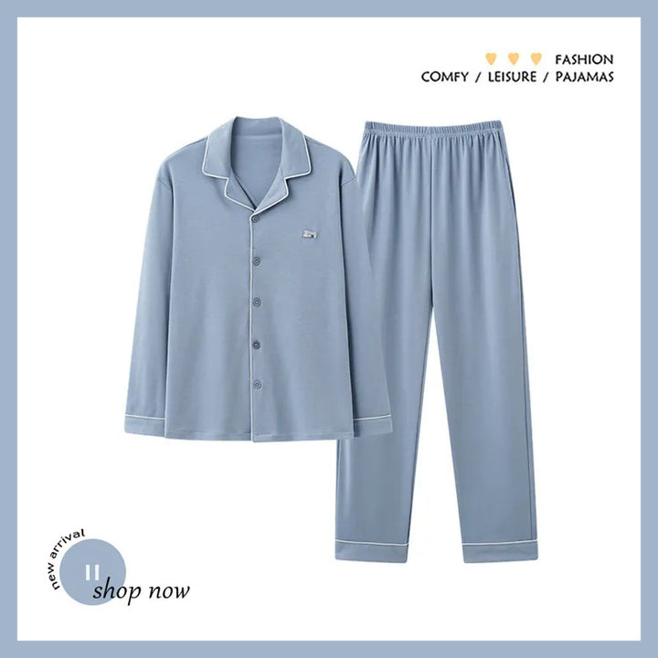 Men's pajamas made of pure cotton, long-sleeved