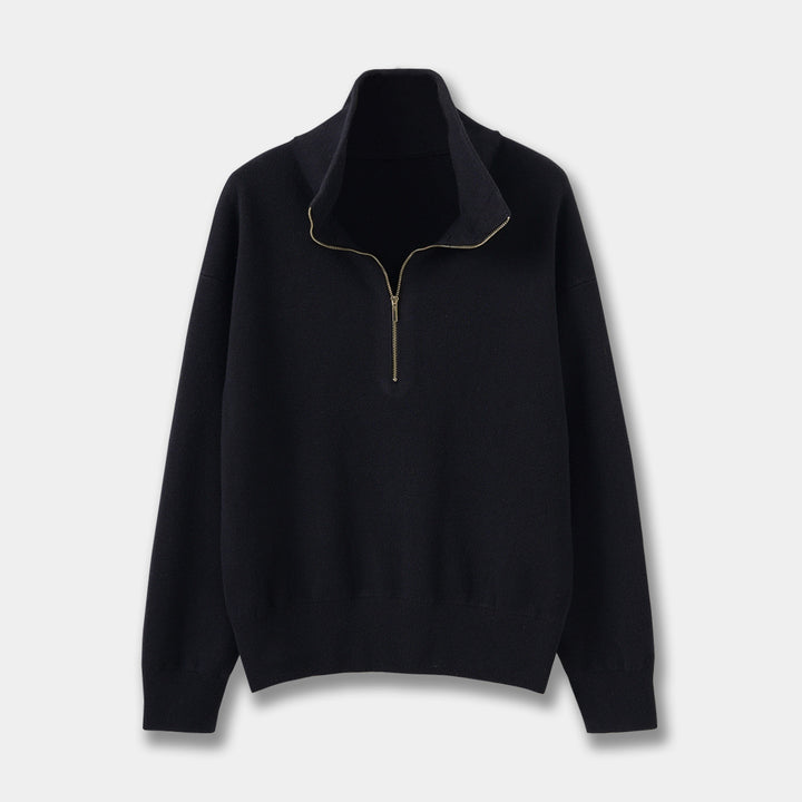 Women's knitted sweater with zipper and stand-up collar