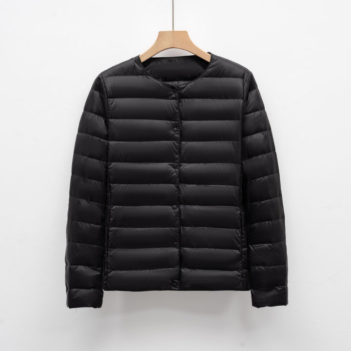 Light women's quilted jacket with round neckline