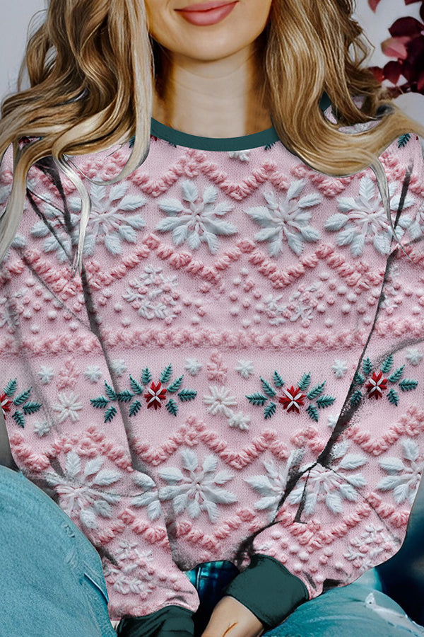 Mune | Printed Christmas Contrast Color Long Sleeve Pullover Sweatshirt