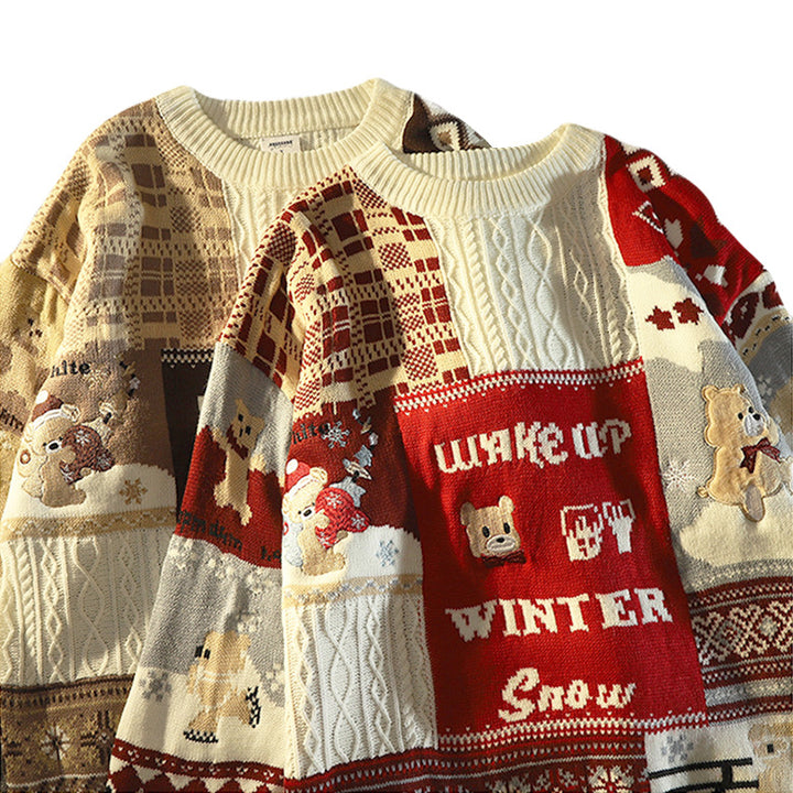Knitted pullover with bear embroidery