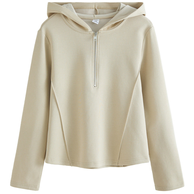 Women's hooded sweatshirt with zipper and stand-up collar
