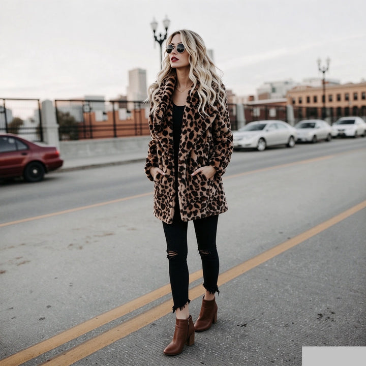 Women’s faux fur coat with leopard pattern and lapels