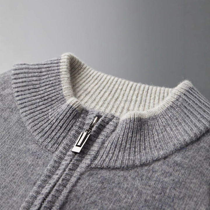 Men's zip-up cardigan with stand-up collar