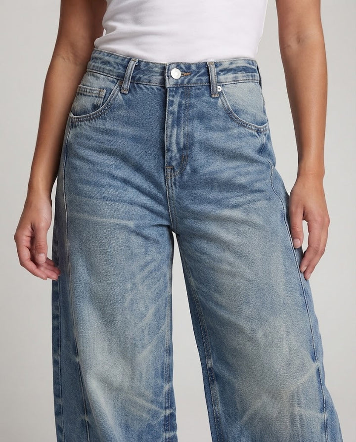 Women Ultra-Wide Denim Palazzo Pants with Balloon-Shaped Leg and Vintage Wash Mune Fashion