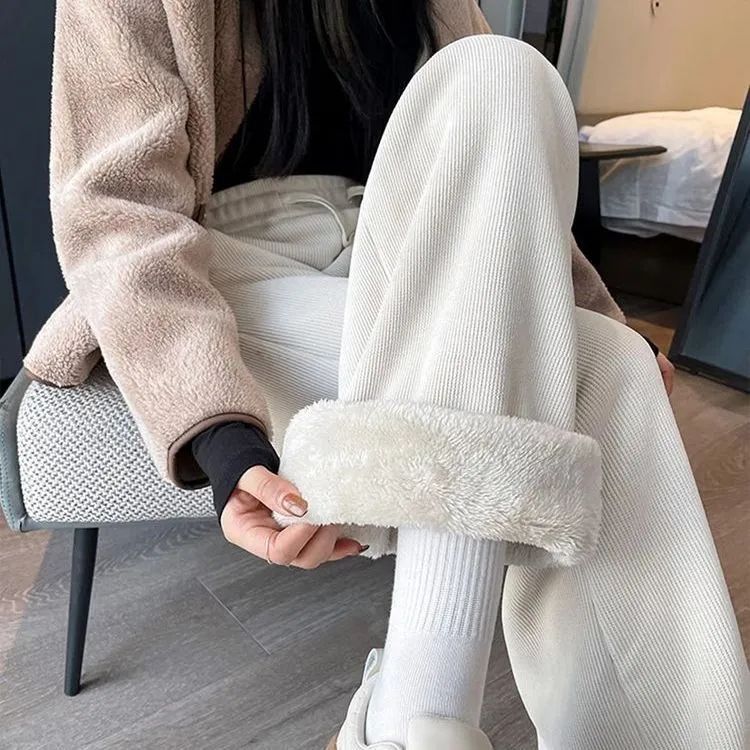 Fleece-lined cord wide pants
