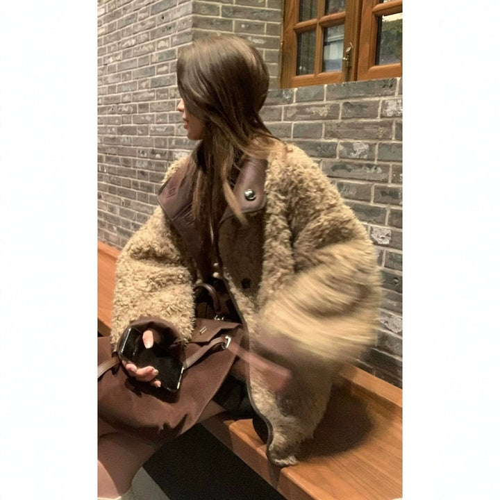 Reversible women's lamb fur imitation jacket, mid-length