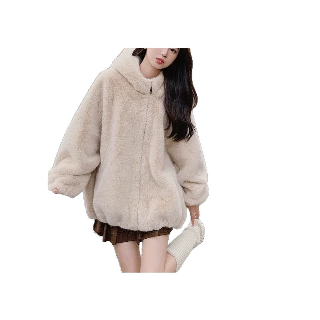 Women's jacket with hood and lambskin look