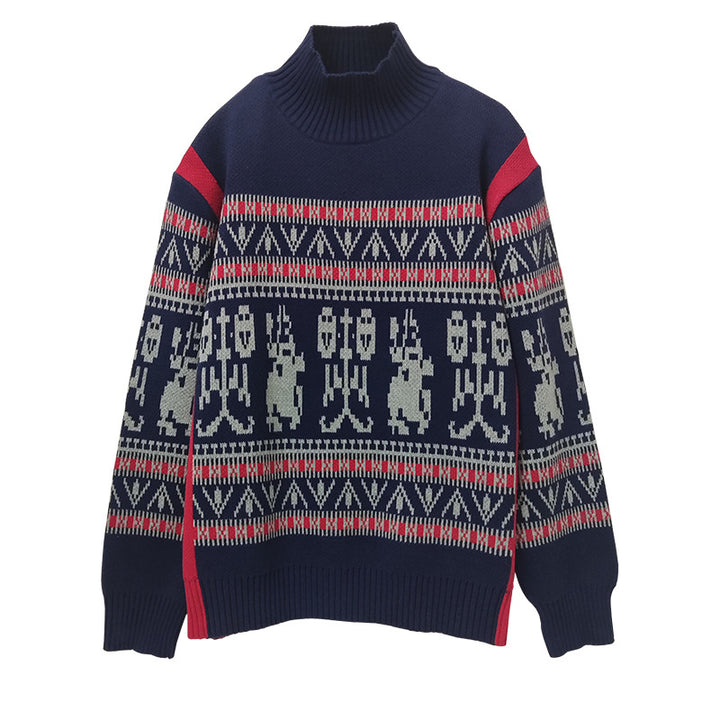 Unisex knit sweater with geometric pattern, stand collar