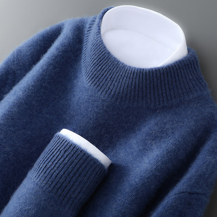 Men's wool sweater, half-high collar, knitted, loose
