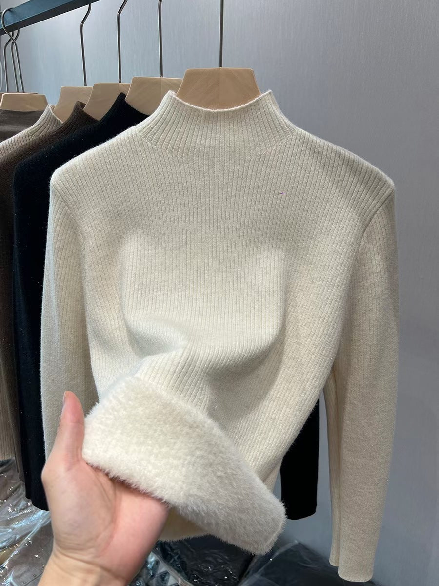 Ladies knitted sweater, lined, standing collar, warm