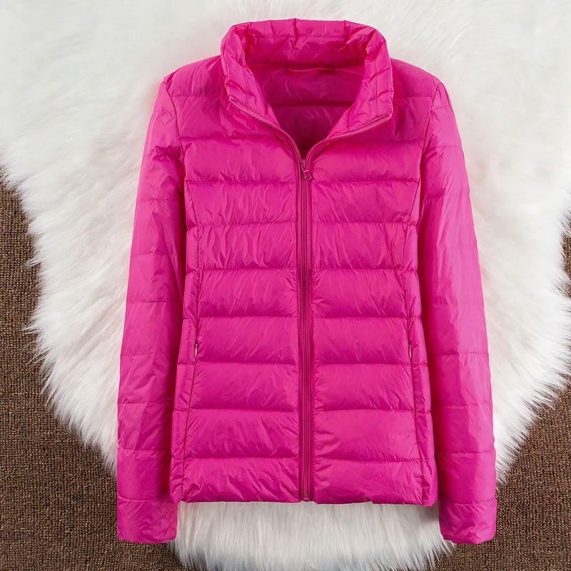 Light women's down jacket with hood and standing collar