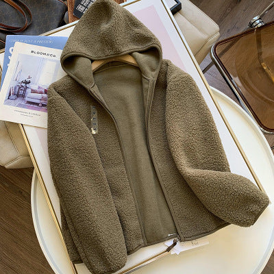 Padded hooded jacket made of double-sided fleece