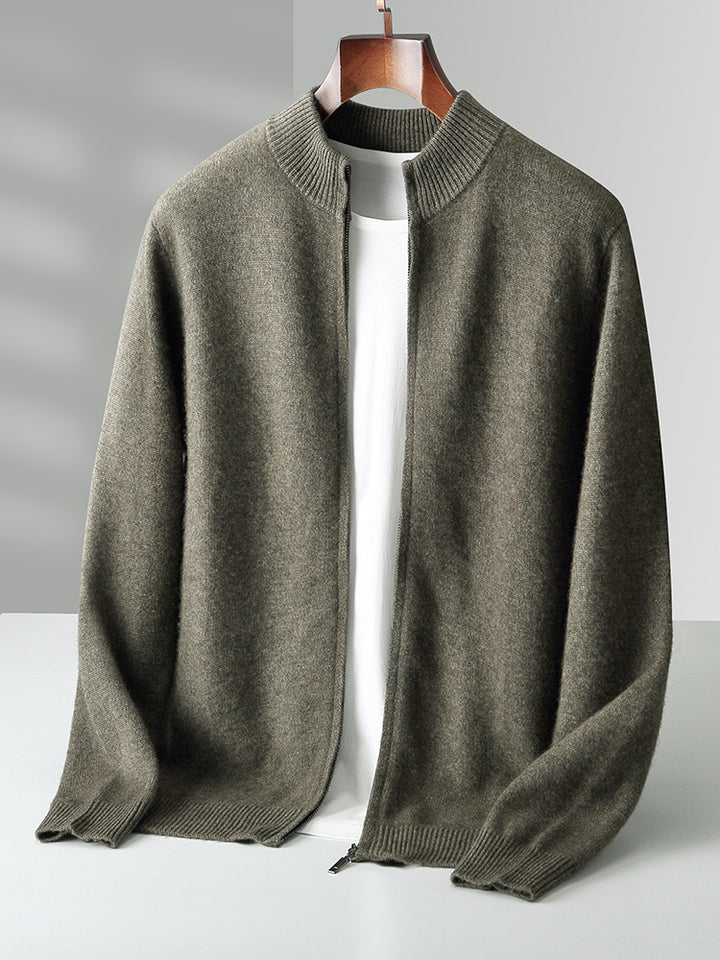 Men's cardigan made of pure wool, standing collar, 500g