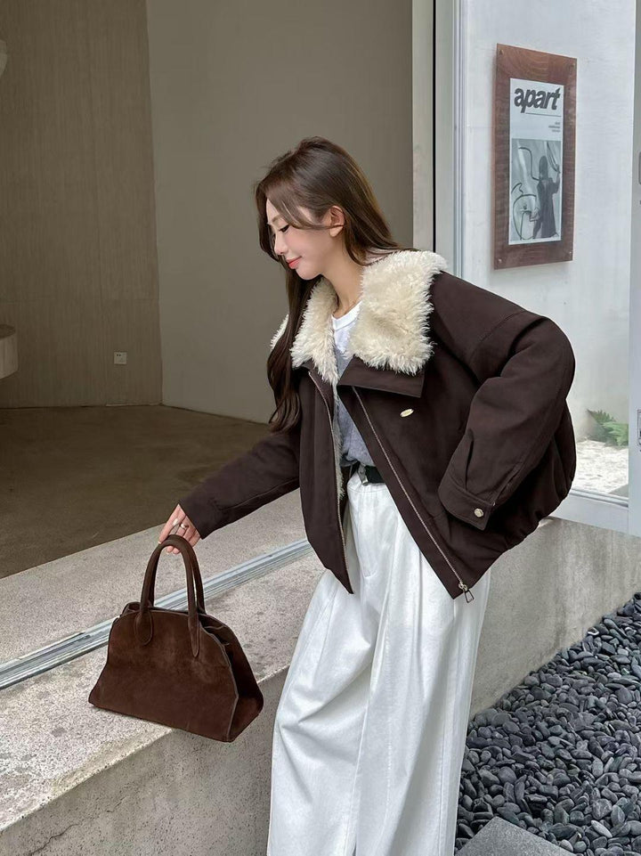 Women’s coat, suede look, plush lapels, lined