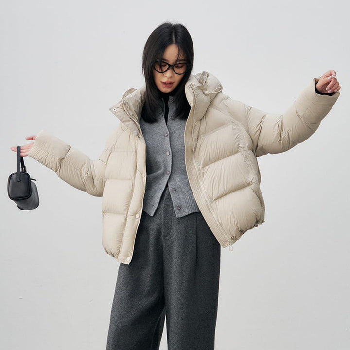 Short women's down jacket, 90% white duck down
