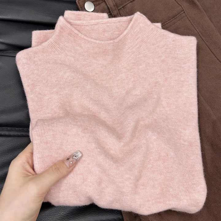 Women's knitted pullover with stand-up collar, versatile basic