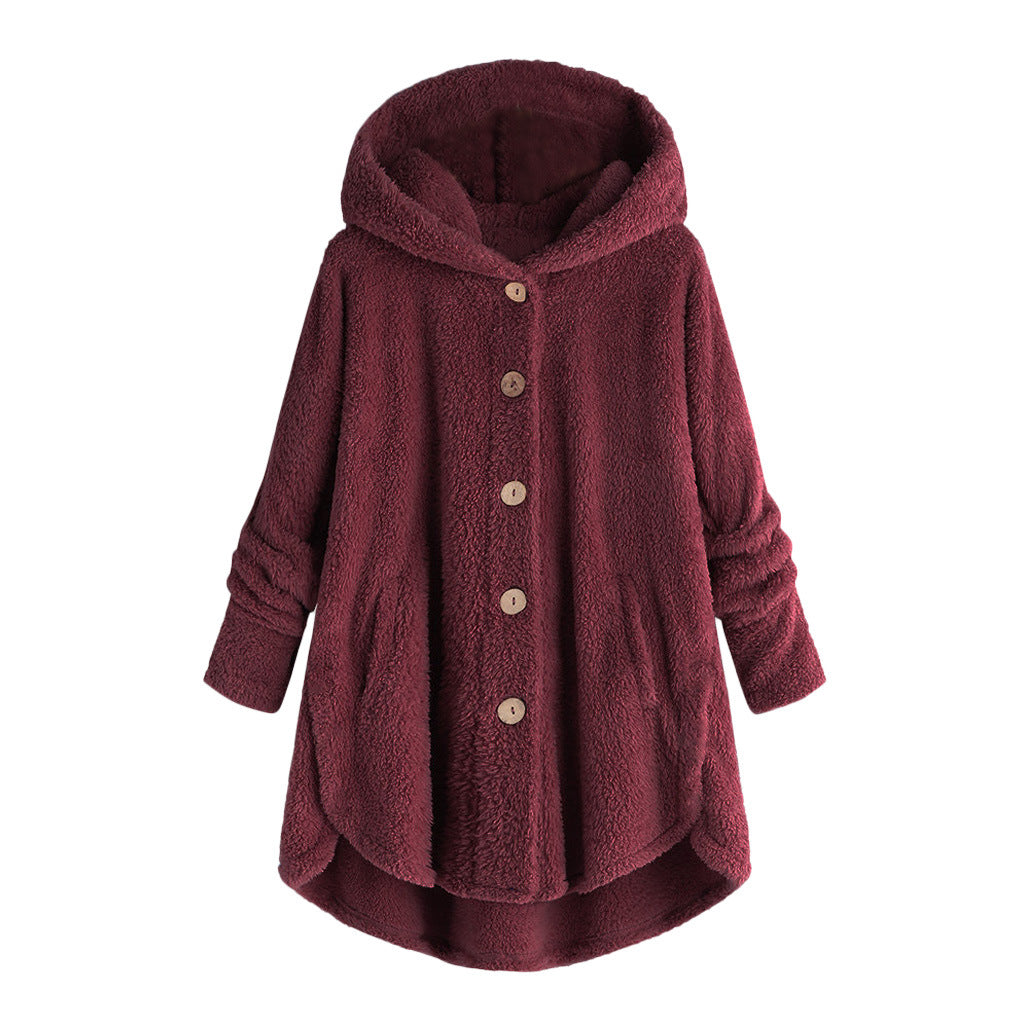 Ladies plush jacket with button placket, asymmetrical