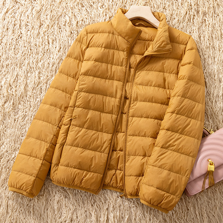 Light women's down jacket with stand-up collar