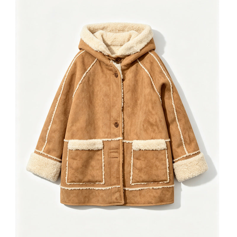 Women's faux suede coat with lamb fur lining