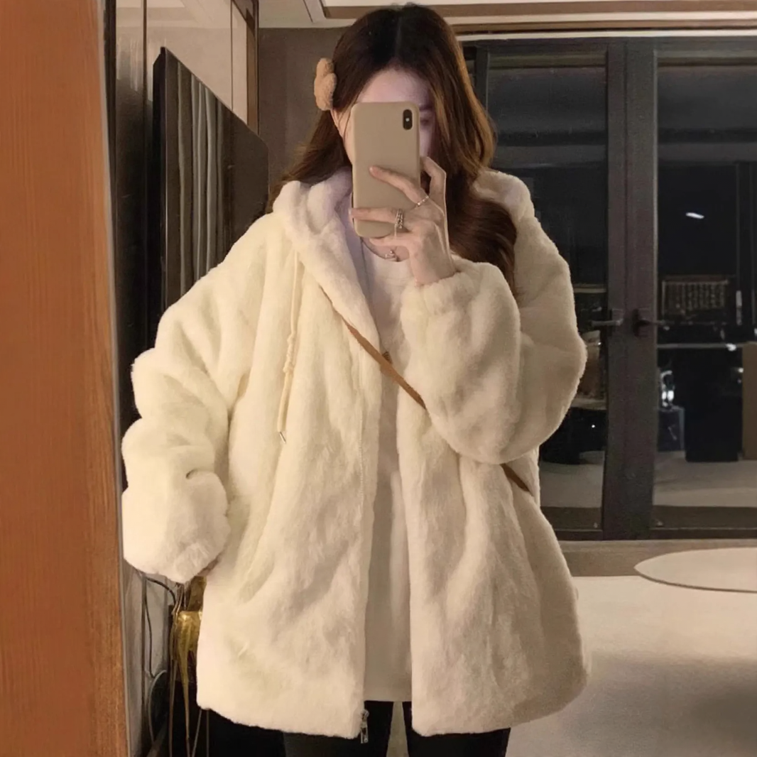 Casual lamb fleece hooded jacket for women