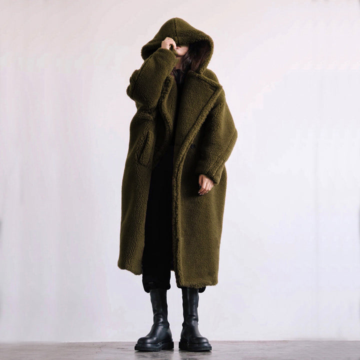 Women’s faux fur coat, mid-length, with hood and lambskin look