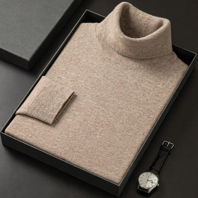 Men's wool pullover with roll collar, soft and warm