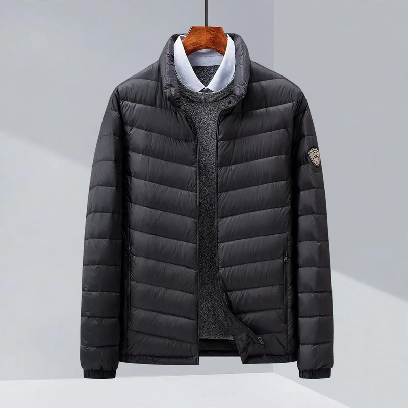 Light men's down jacket, hood or stand-up collar