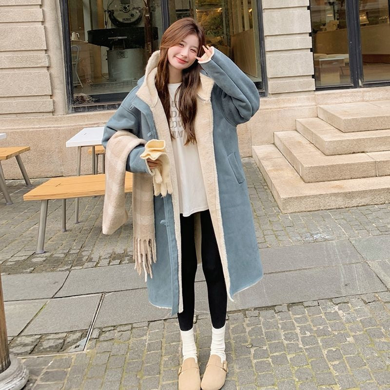 Lamb fleece coat, suede look, padded