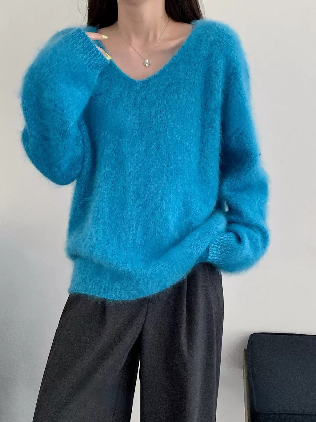 Ladies V-neck Sweater, Wool-Cashmere, Brushed