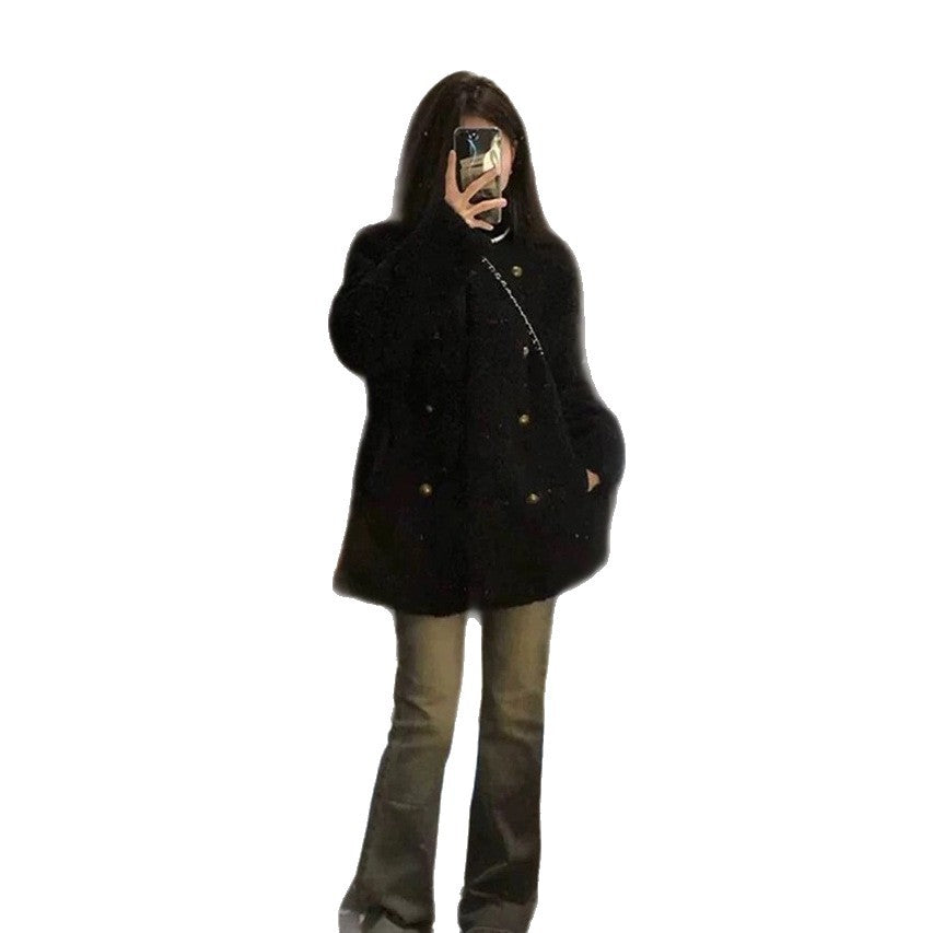 Padded lamb fleece jacket for women, double-breasted