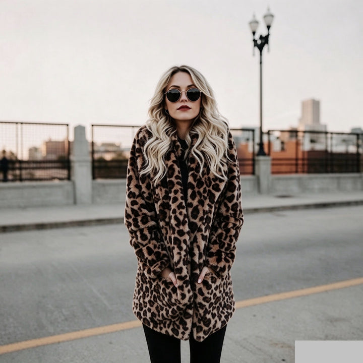 Women’s faux fur coat with leopard pattern and lapels