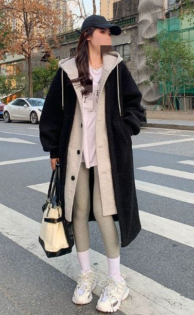 Long lamb fleece coat with hood, elegant