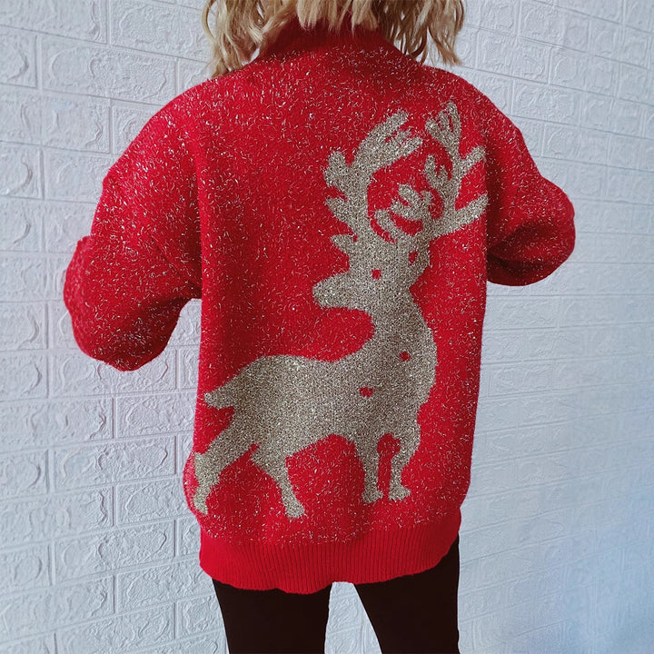 Women's Christmas sweater with snowflake and reindeer jacquard