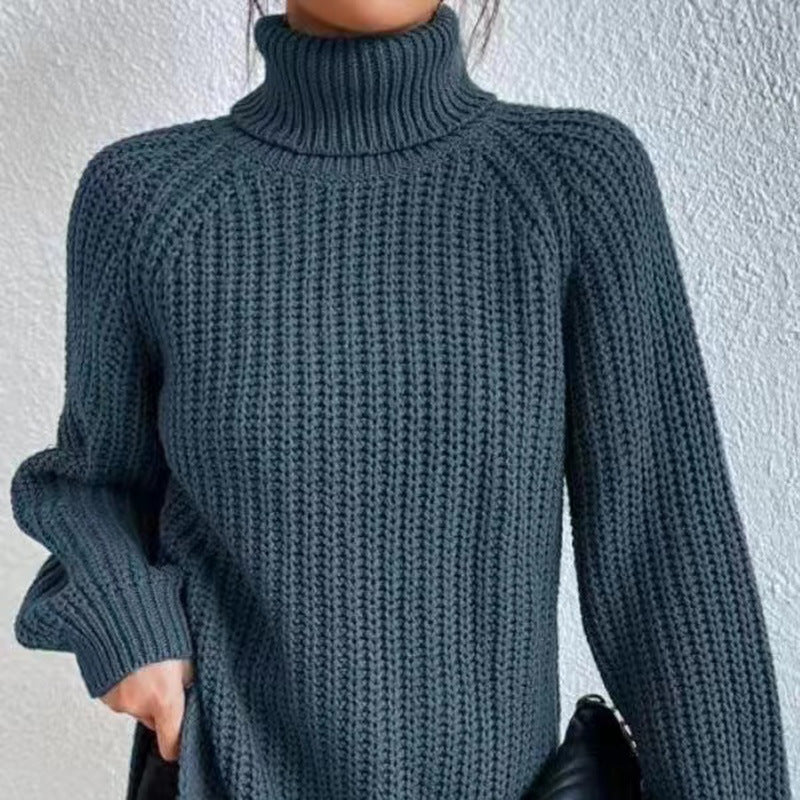 Women's knitted pullover, mid-length with high collar