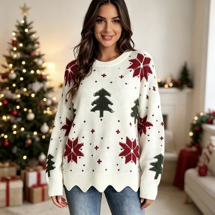 Women's knit sweater with round neck and floral pattern