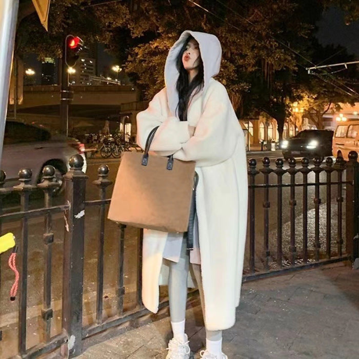 Lamb fleece imitation coat with hood, mid-length, padded