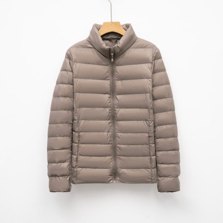 Light women's down jacket, stand-up collar, slim fit