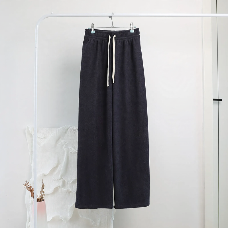 Ladies' corduroy pants with wide legs, high waist, and drawstring