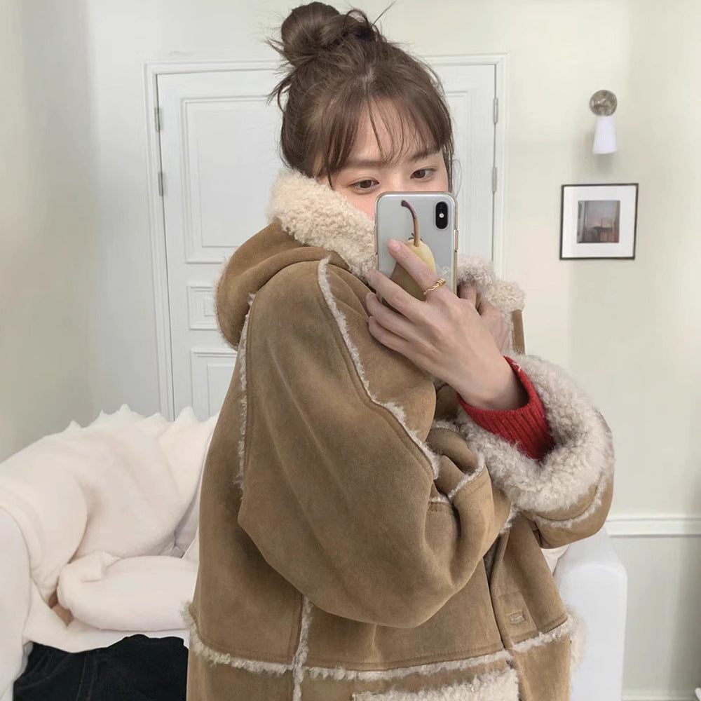 Women's faux lamb fur hooded jacket, casual