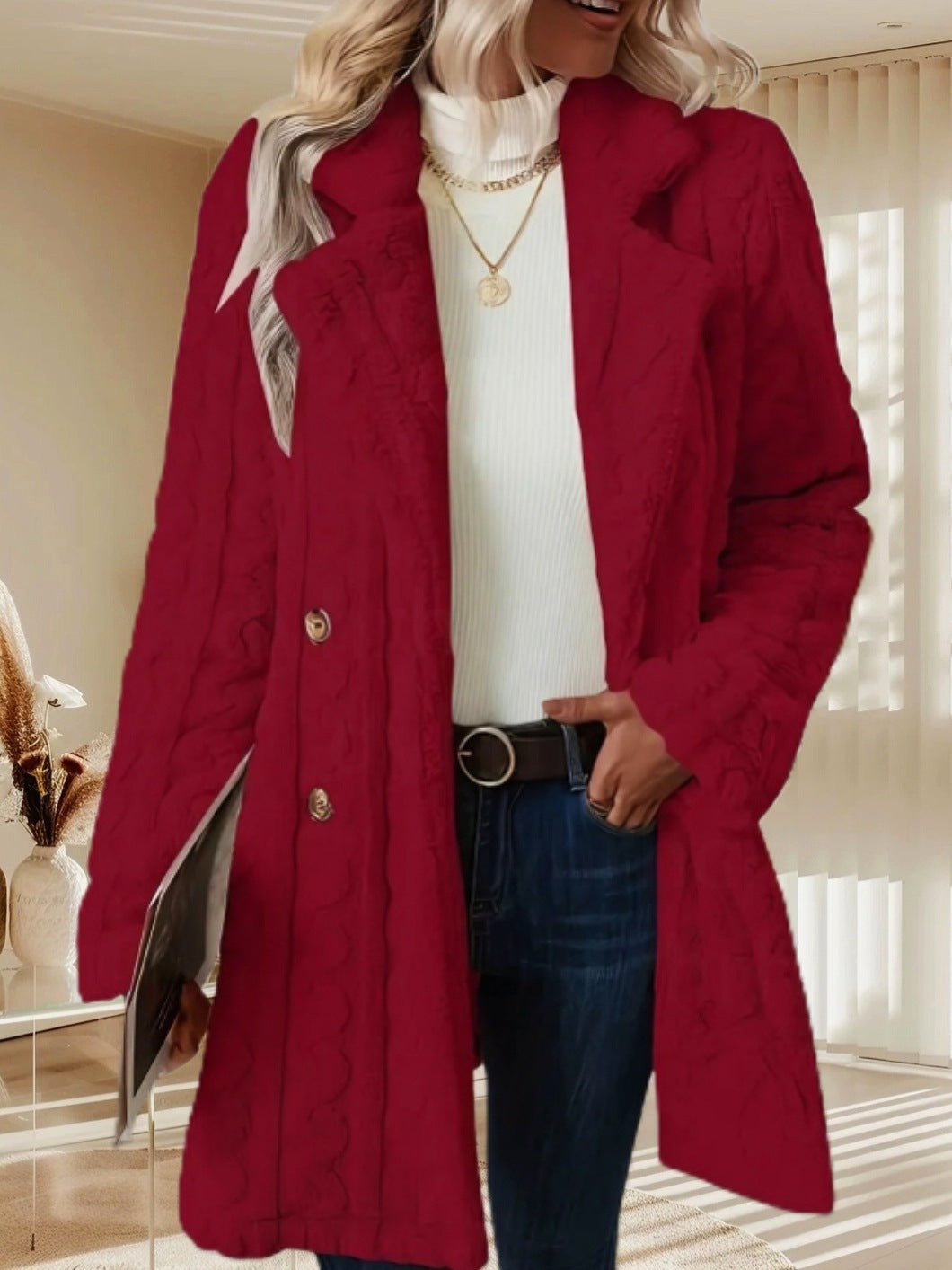 Women's coat with lapel collar and double button placket