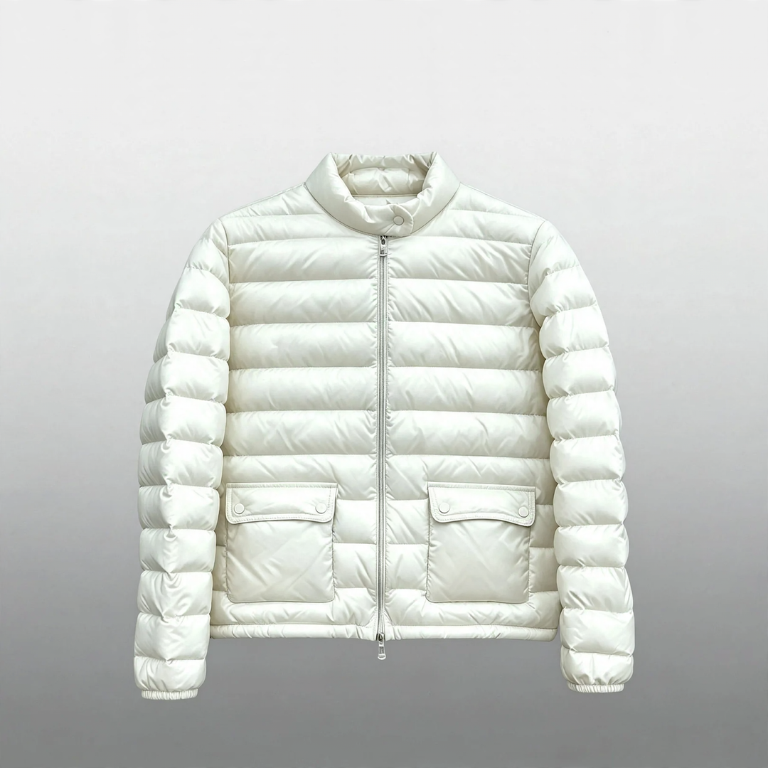 Light women's down jacket, stand-up collar, white goose down