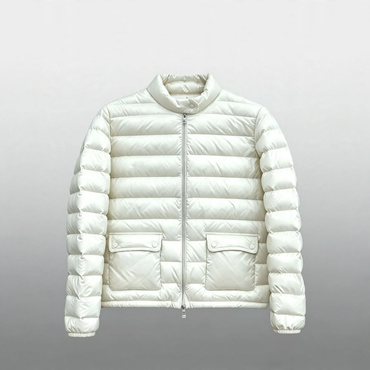Light women's down jacket, stand-up collar, white goose down