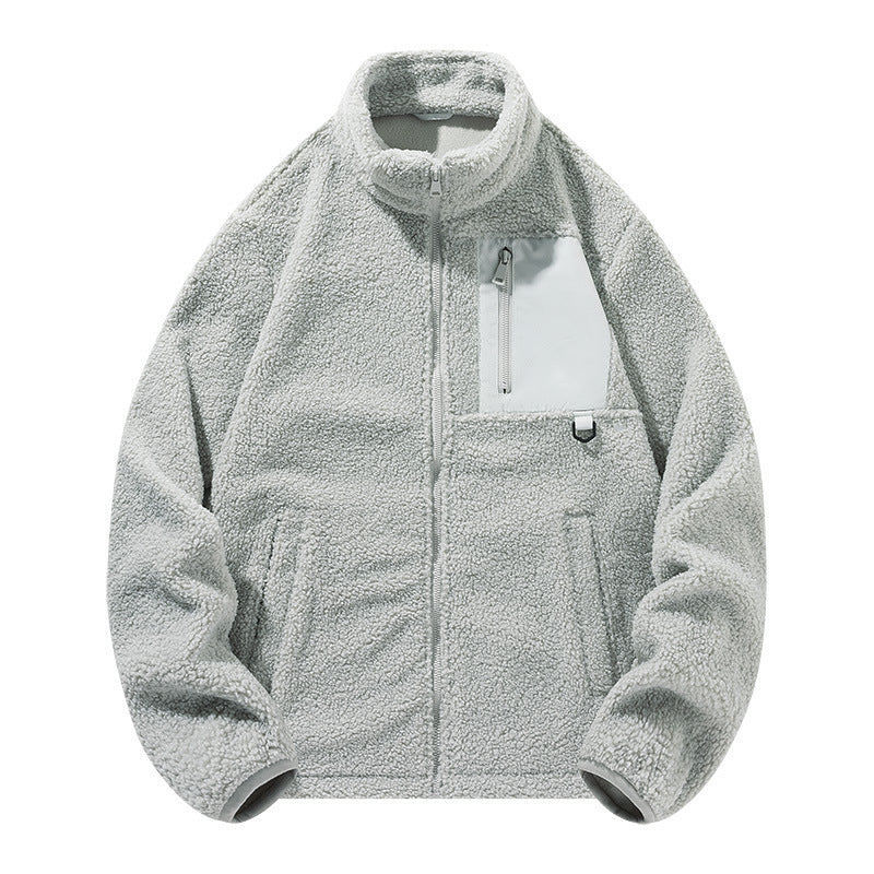 Unisex fleece jacket with stand-up collar and pockets